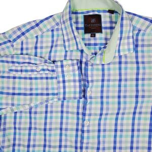 Tattersall London Mens Dress Shirt XL 17 1/2 32/33 Blue‎ Green Checkered